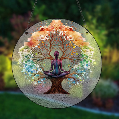 Glass Pattern Yoga Tree of Life Stained Wall Hanging Ornament